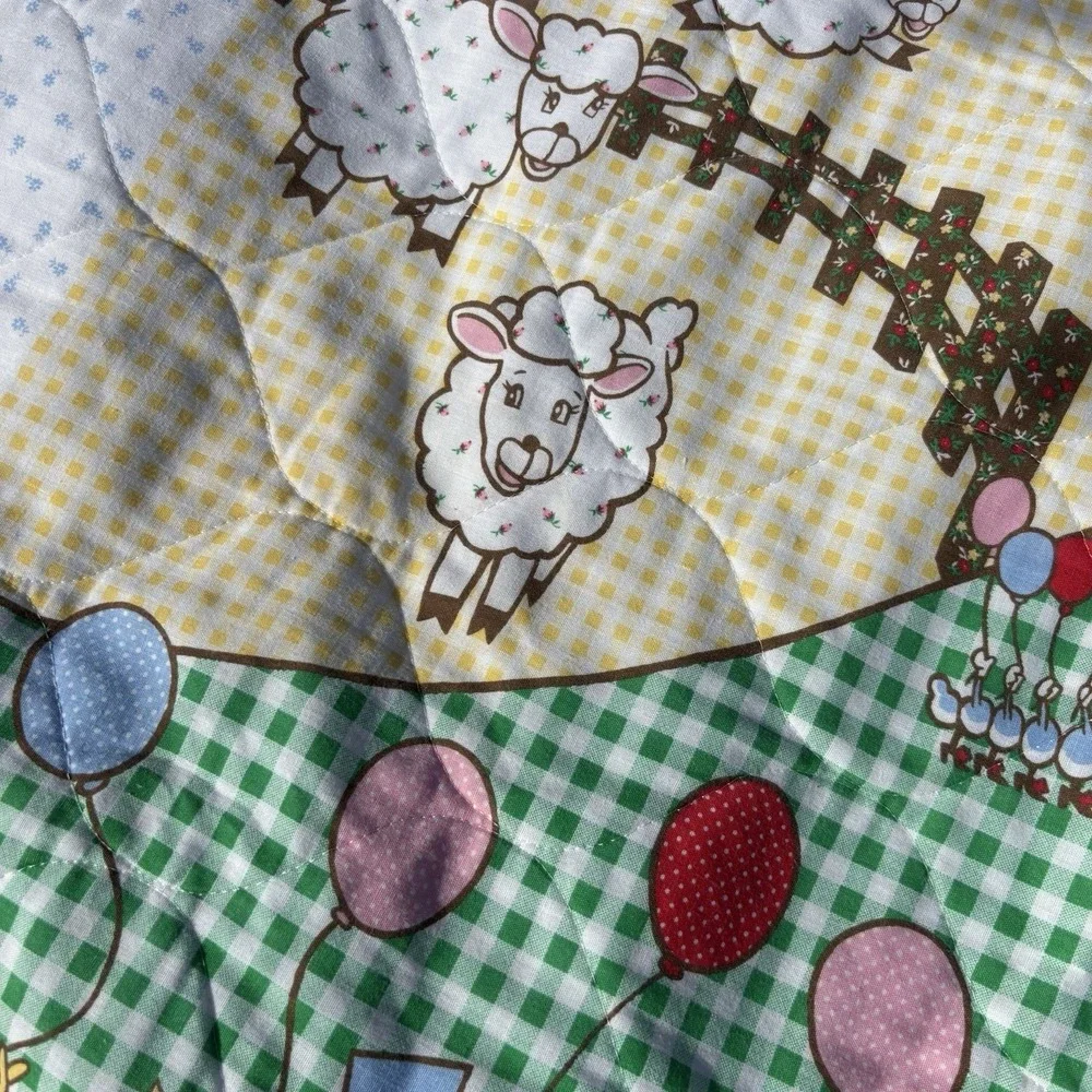 VTG Old McDonald Baby Blanket Quilt Throw Blue White Gingham Sun Rainbow Balloon